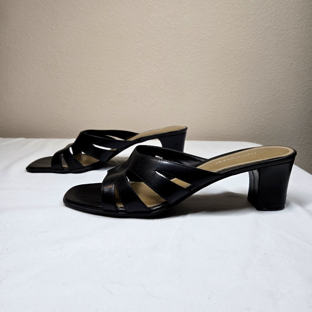 Naturalizer Drake Mule Heeled Sandals Black Leather Size 10